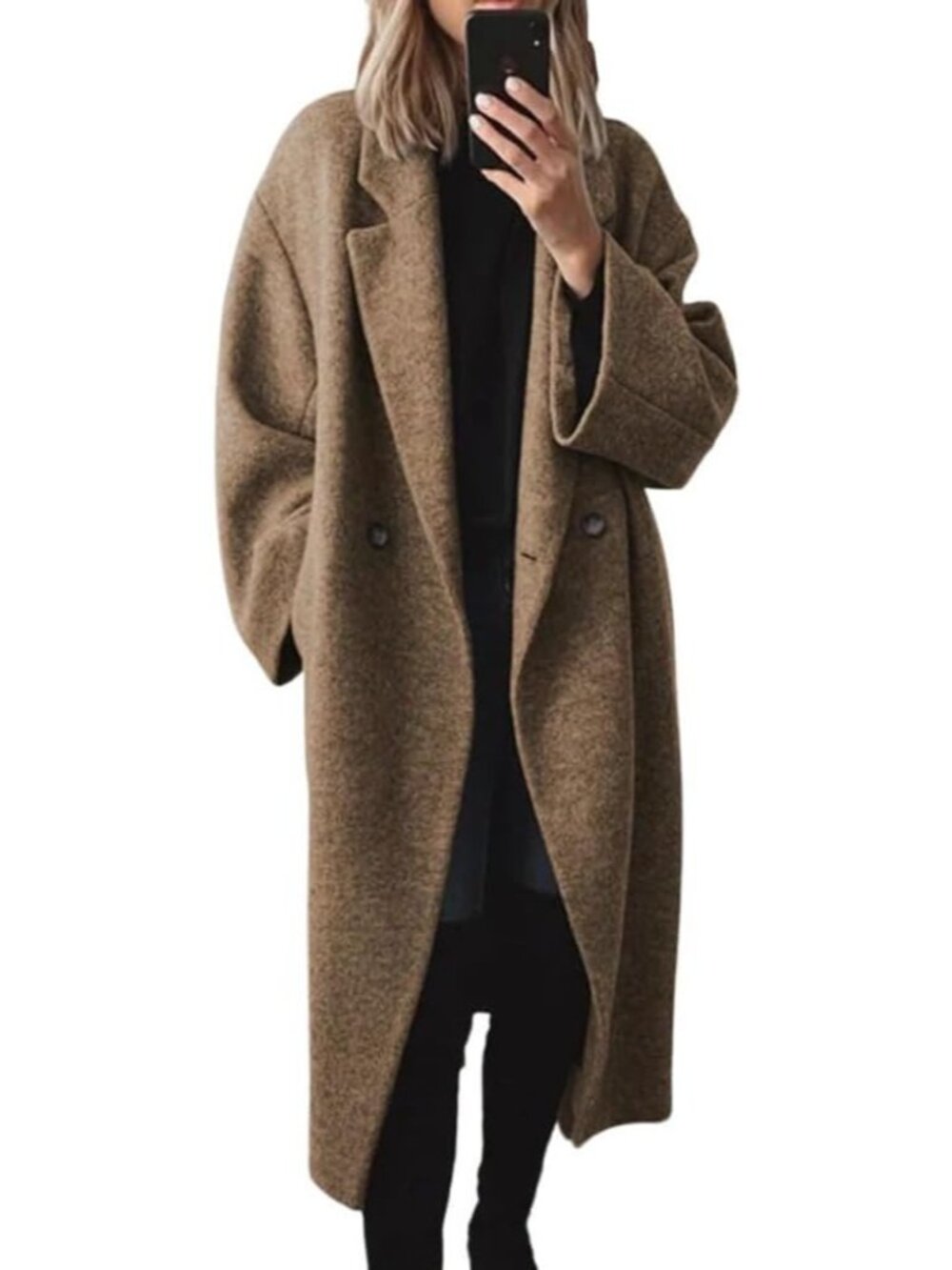 Women's Brown Wool Double Breasted Oversized Long Notch Lapel Trench Pea Coat